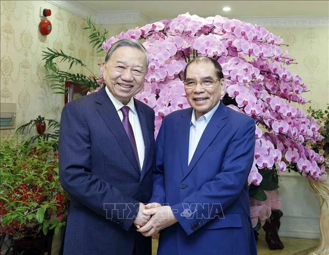 Tổng Bí thư Tô Lâm tới thăm hỏi, chúc Tết nguyên Tổng Bí thư Nông Đức Mạnh.