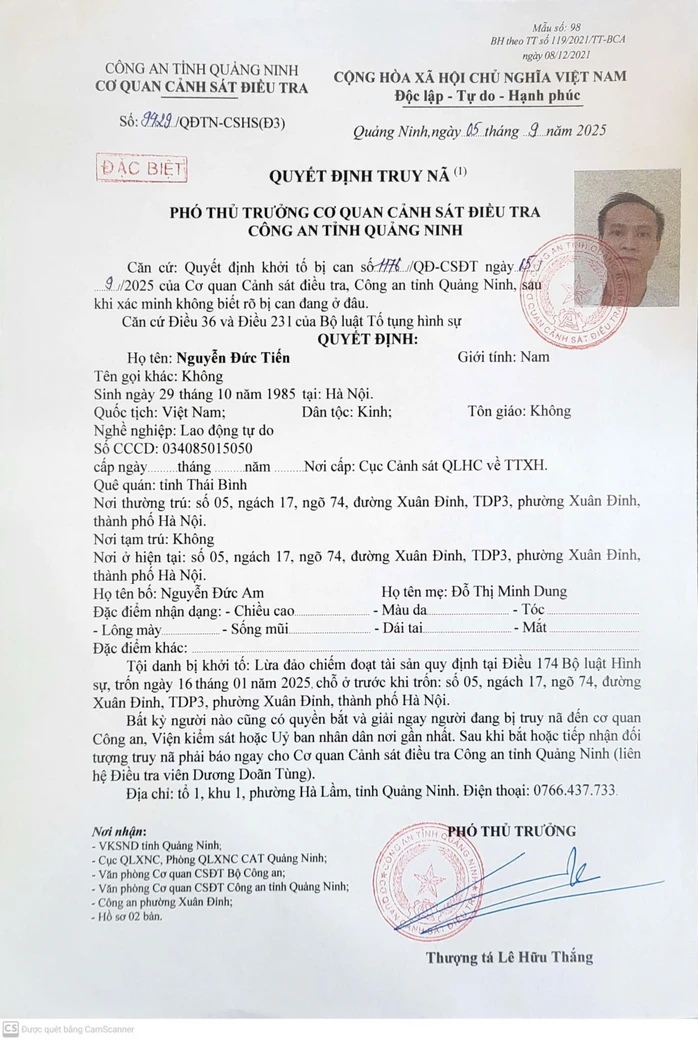 Quyết định truy nã đối với Nguyễn Đức Tiến