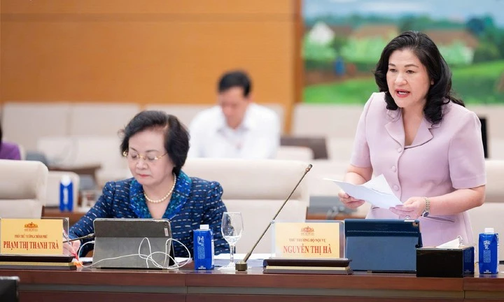 Thứ trưởng Bộ Nội vụ Nguyễn Thị Hà trình bày dự án Luật. (Ảnh: Media Quốc hội)