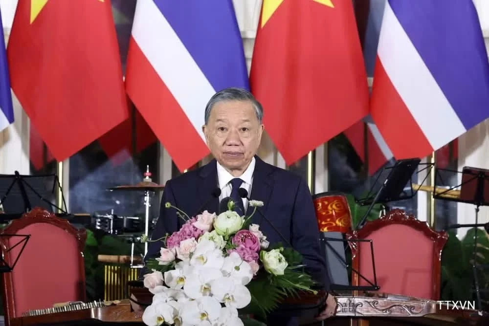 Tổng Bí thư, Chủ tịch nước Tô Lâm phát biểu tại tiệc chiêu đãi Nhà vua Vương quốc Thái Lan Maha Vajiralongkorn Phra Vajiraklaochaoyuhua và Hoàng hậu cùng Đoàn đại biểu Hoàng gia Thái Lan. (Ảnh: TTXVN)