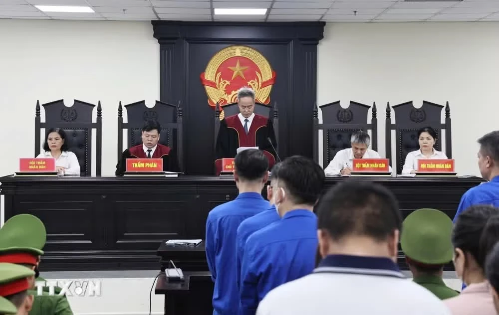 Hội đồng xét xử tuyên án phạt 29 bị cáo trong vụ án sản xuất 426 lô sản phẩm sữa giả. (Ảnh: Kim Anh/TTXVN)