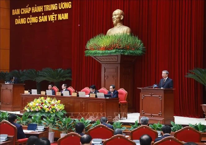 Tổng Bí thư Tô Lâm phát biểu khai mạc Hội nghị lần thứ 11 Ban Chấp hành Trung ương Đảng khóa XIII. Ảnh: TTXVN