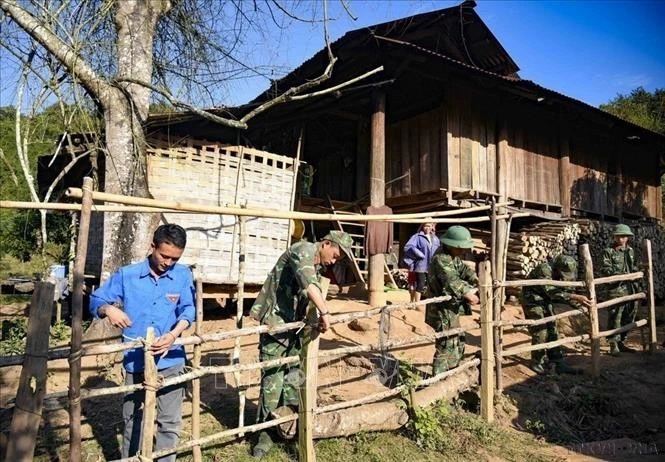 Đoàn Thanh niên xã Nậm Vì, huyện Mường Nhé (tỉnh Điện Biên) cùng các chiến sĩ Trung đoàn 741, Bộ Chỉ huy Quân sự tỉnh Điện Biên làm lại hàng rào cho người dân (12/2024). Ảnh: Xuân Tư/TTXVN