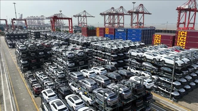 Xe ô tô chạy bằng năng lượng mới chờ xuất khẩu tại khu cảng ở thành phố Thái Thương thuộc Tô Châu, tỉnh Giang Tô (Trung Quốc). Ảnh minh họa: THX/TTXVN