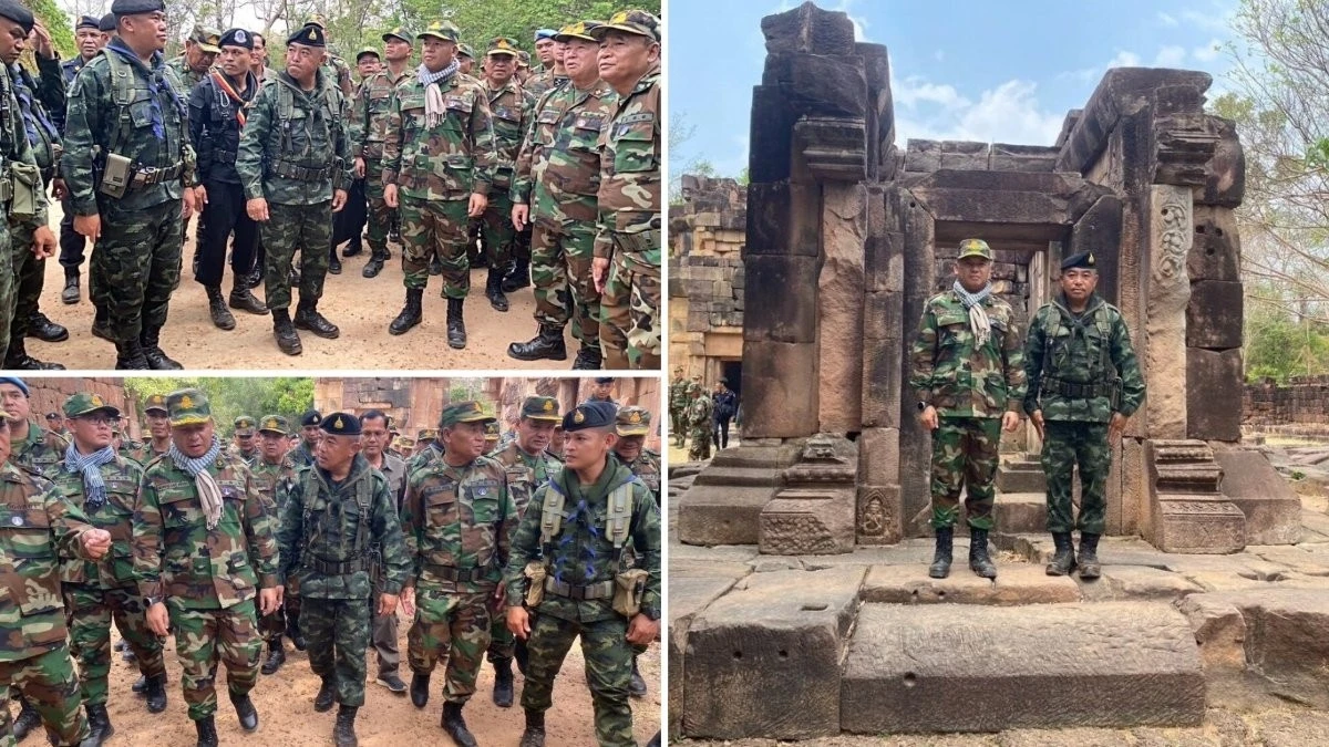 Lực lượng Quân đội Thái Lan và Campuchia thị sát khu vực ngôi đền hôm 8/3. Ảnh: Thaienquirer