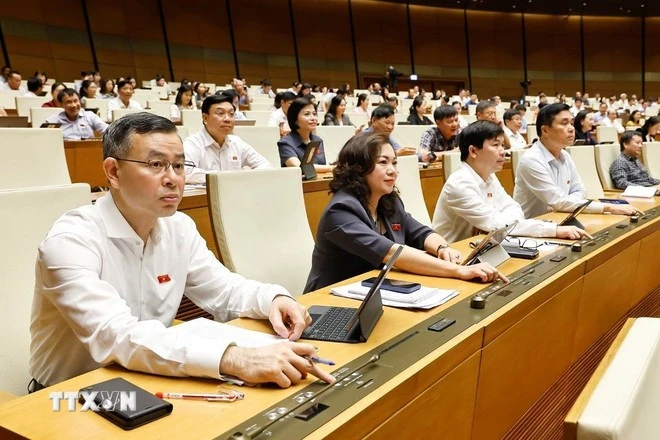 Đoàn đại biểu Quốc hội tỉnh Hoà Bình biểu quyết thông qua Nghị quyết của Quốc hội về việc sắp xếp đơn vị hành chính cấp tỉnh năm 2025. (Ảnh: Doãn Tấn/TTXVN)