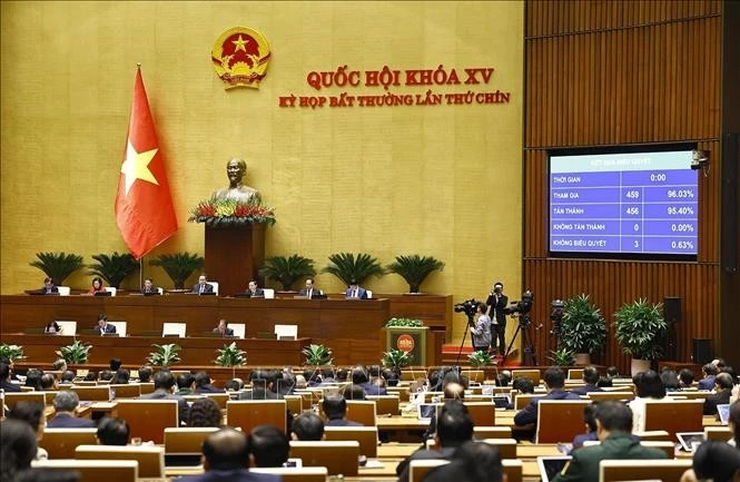 Quốc hội biểu quyết thông qua Nghị quyết của Quốc hội quy định về xử lý một số vấn đề liên quan đến sắp xếp tổ chức bộ máy nhà nước, ngày 19/2/2025. Ảnh: Doãn Tấn/TTXVN