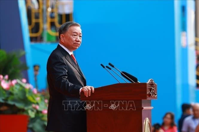 Tổng Bí thư Tô Lâm đọc diễn văn Kỷ niệm 50 năm Ngày Giải phóng miền Nam, thống nhất đất nước. Ảnh: TTXVN