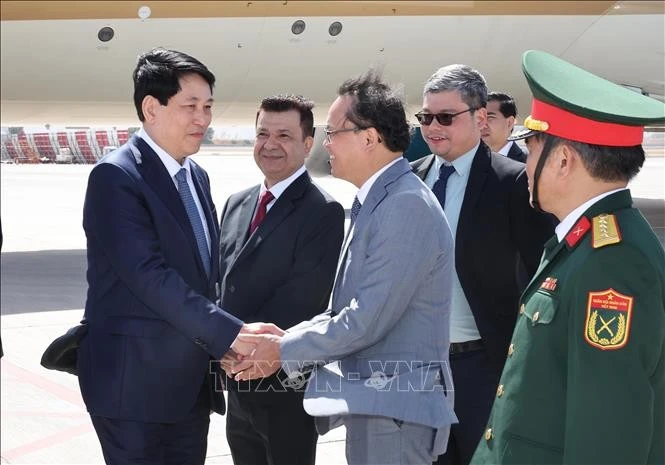 Đại sứ Việt Nam tại Chile Nguyễn Việt Cường đón Chủ tịch nước Lương Cường tại sân bay quốc tế Arturo M. Benitez ở thủ đô Santiago de Chile. Ảnh: Lâm Khánh/TTXVN