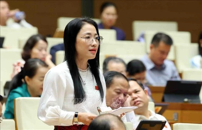 Đại biểu Quốc hội tỉnh Thái Bình Trần Khánh Thu phát biểu. Ảnh: Phạm Kiên/TTXVN