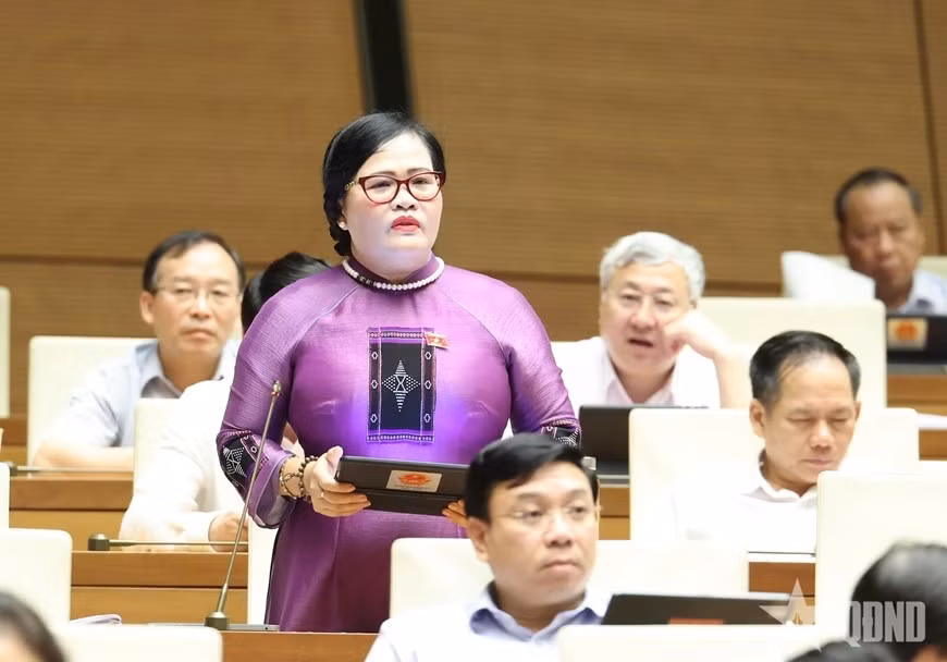 Đại biểu Nguyễn Thị Sửu (đoàn TP Huế) thảo luận tại hội trường.
