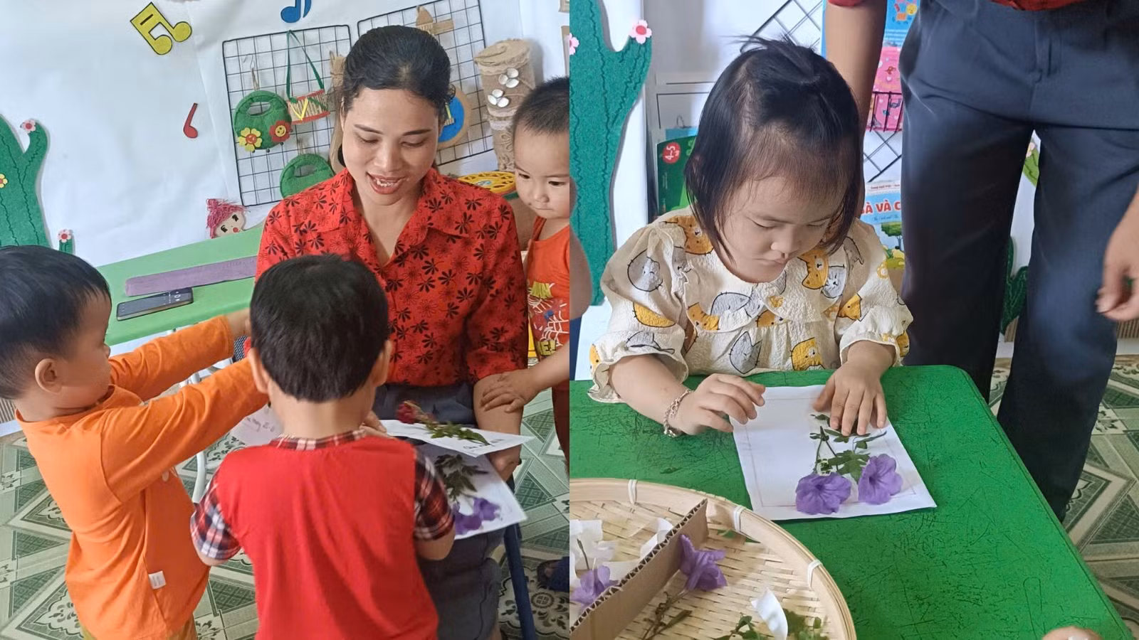 Các em học sinh mầm non tại thôn Làng Nủ làm những tấm thiệp tặng cô giáo và mẹ.