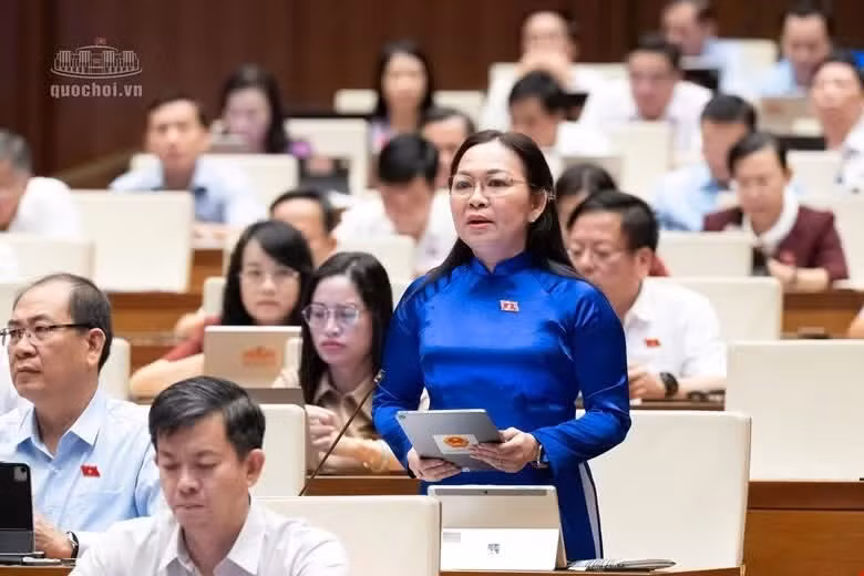 Đại biểu Lý Anh Thư thảo luận tại hội trường.