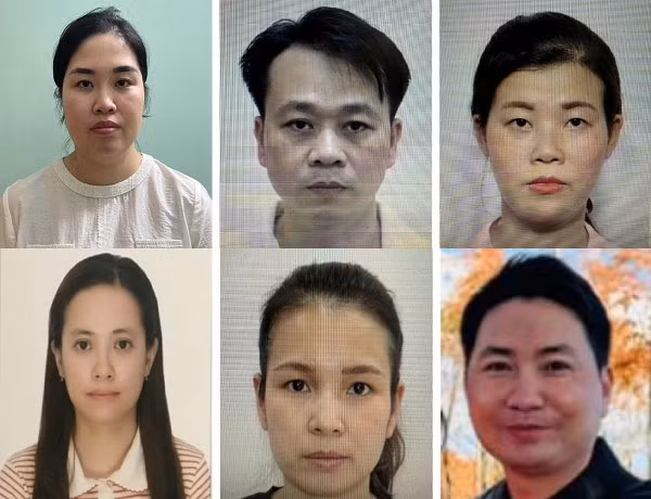 Bị can Phạm Thị Bích Phương, Trần Minh Tuấn, Nguyễn Thị Phương Thảo, Nguyễn Thị Phương Anh, Phạm Thị Bích, Đặng Tiến Đức (từ trái qua, từ trên xuống).