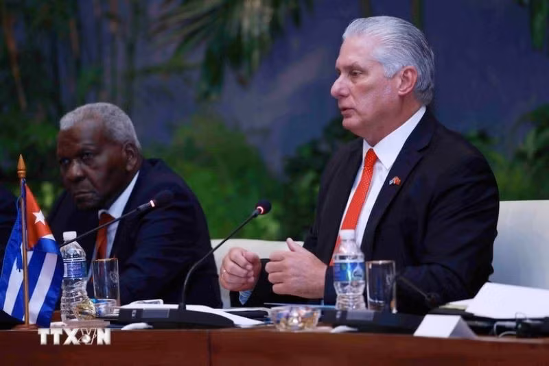 Bí thư Thứ nhất Đảng Cộng sản Cuba, Chủ tịch Cuba Miguel Diaz Canel Bermudez phát biểu tại cuộc hội đàm với Tổng Bí thư, Chủ tịch nước Tô Lâm.
