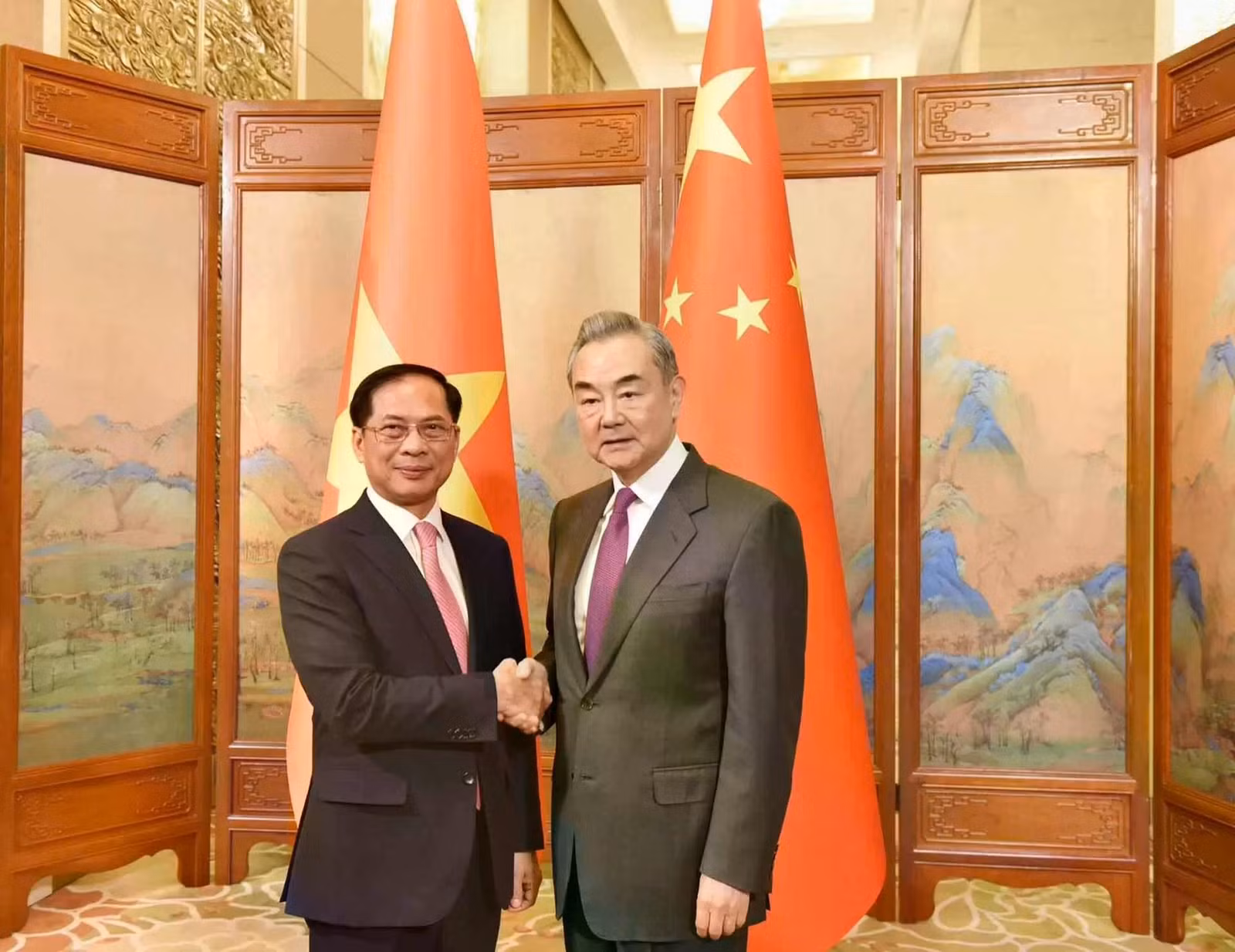 Phó Thủ tướng Chính phủ, Bộ trưởng Ngoại giao Bùi Thanh Sơn và Ủy viên Bộ Chính trị, Chủ nhiệm Văn phòng Ủy ban công tác đối ngoại Trung ương Đảng Cộng sản Trung Quốc, Bộ trưởng Ngoại giao Trung Quốc Vương Nghị.