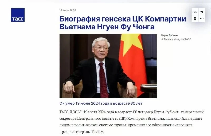 Hãng thông tấn TASS của Nga đưa tin về Tổng Bí thư Nguyễn Phú Trọng.