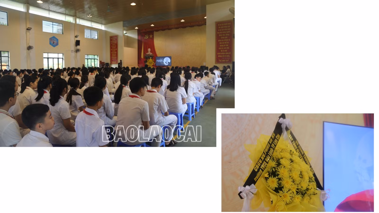 Buổi lễ được tổ chức trang trọng với đầy đủ giáo viên, học sinh, phụ huynh Trường THCS Bắc Lệnh cùng vòng hoa tưởng nhớ tới Tổng Bí thư Nguyễn Phú Trọng.