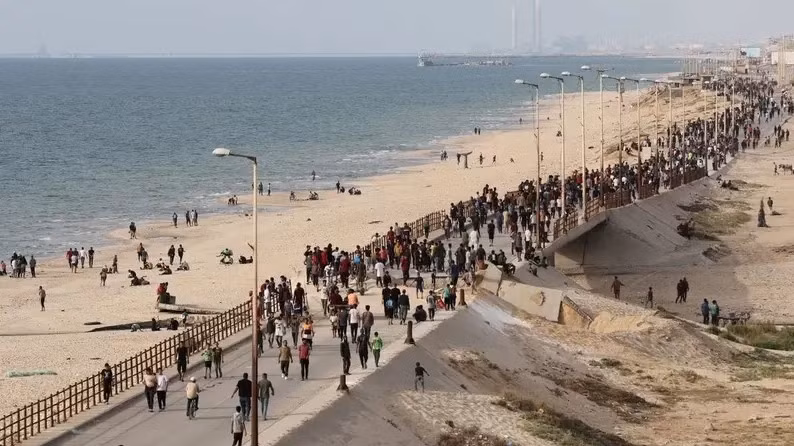 Người Palestine tụ tập với hy vọng nhận được viện trợ được chuyển đến Gaza thông qua một bến tàu do Mỹ xây dựng. (Ảnh: Reuters)