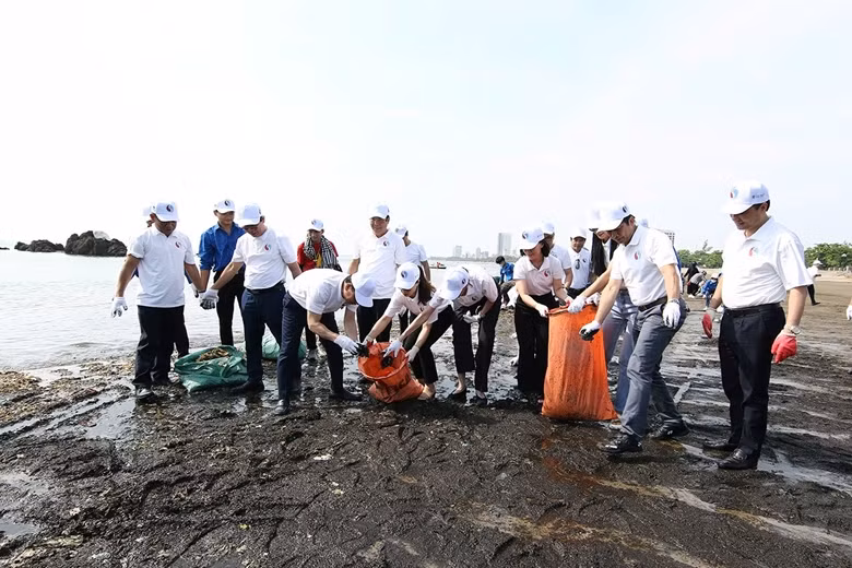 Bộ trưởng Đặng Quốc Khánh cùng các đại biểu tham gia nhặt rác, làm sạch biển tại sự kiện.