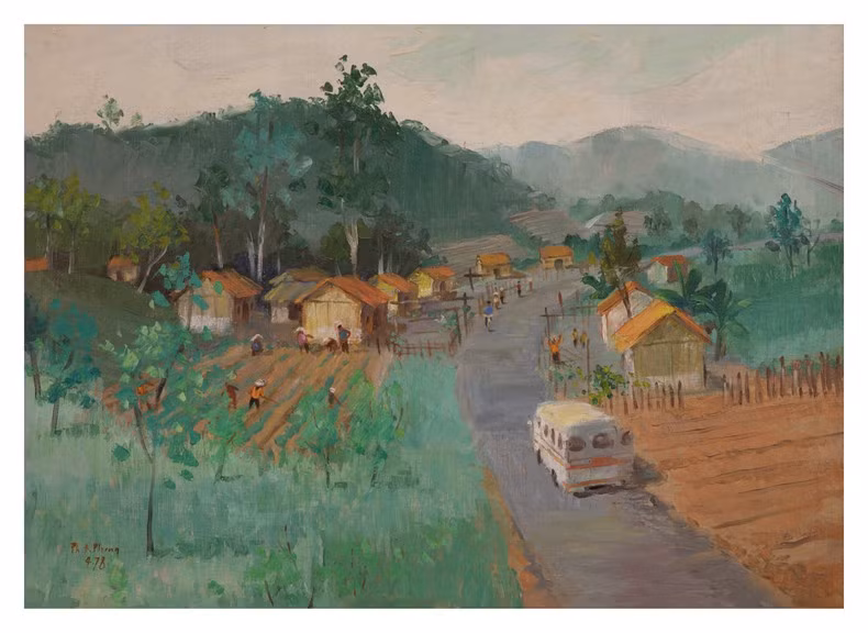 Làng Hà Nội trên vùng kinh tế Lâm Đồng. Phạm Đức Phong. Sơn dầu. 1978. Ảnh: Bảo tàng Mỹ thuật Việt Nam