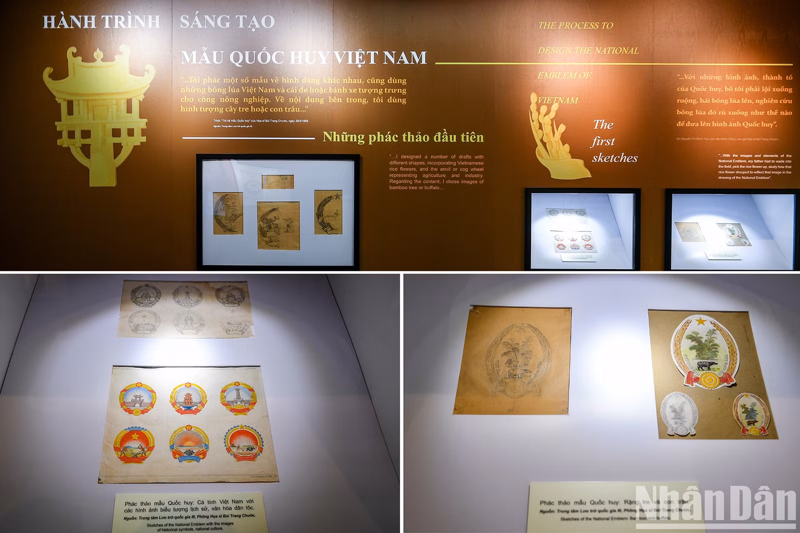 “Hành trình sáng tạo mẫu Quốc huy Việt Nam” là chủ đề phần 2 giới thiệu một số văn bản khởi nguồn cho việc sáng tác Quốc huy Việt Nam và hành trình sáng tạo mẫu Quốc huy của họa sĩ Bùi Trang Chước, từ những nét phác thảo đầu tiên với những cây tre, con trâu, bông lúa…hay hình dáng đa dạng, màu sắc phong phú, chủ đề thân thuộc cùng những lời tự sự về hành trình sáng tác mẫu Quốc huy của họa sĩ.