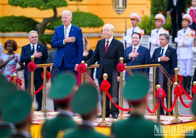 Tổng Bí thư Nguyễn Phú Trọng chủ trì Lễ đón chính thức Tổng thống Hoa Kỳ Joe Biden, ngày 10/9/2023.
