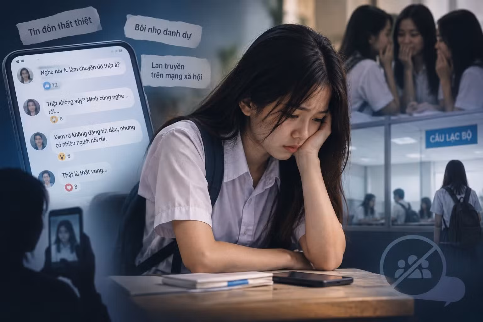 Việc bị đe dọa, lan truyền thông tin sai sự thật trên mạng khiến nhiều bạn trẻ trở nên bất an mỗi khi đi học. Ảnh minh họa bằng AI.