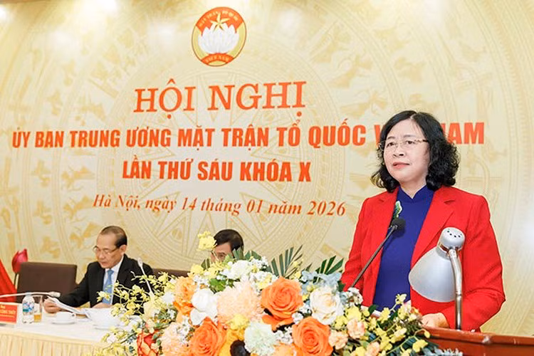 Bà Bùi Thị Minh Hoài, phát biểu tại Hội nghị Ủy ban Trung ương MTTQ Việt Nam lần thứ sáu khóa X.