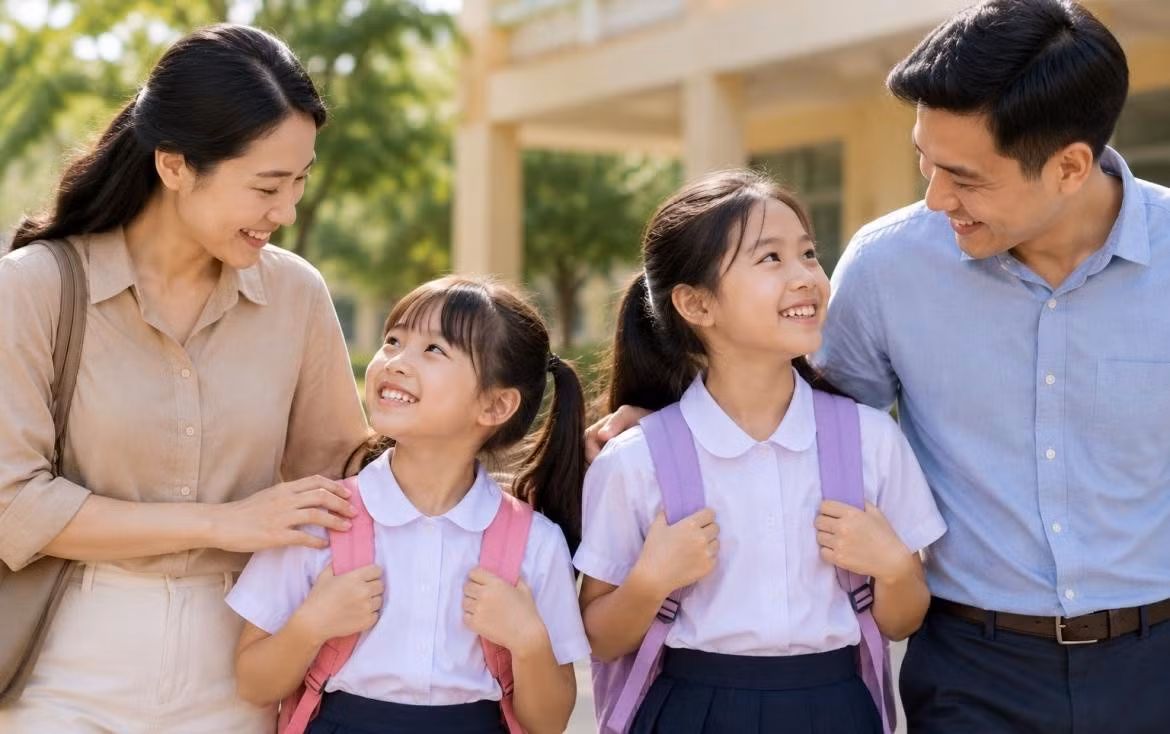 Gia đình có hai con gái dưới 16 tuổi có thể được hỗ trợ mua BHYT, sữa học đường. (Ảnh minh họa Chat GPT)