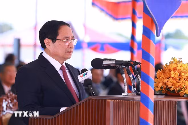 Thủ tướng Phạm Minh Chính phát biểu tại Lễ khai trương Cặp cửa khẩu quốc tế Tân Nam- Meun Chey.