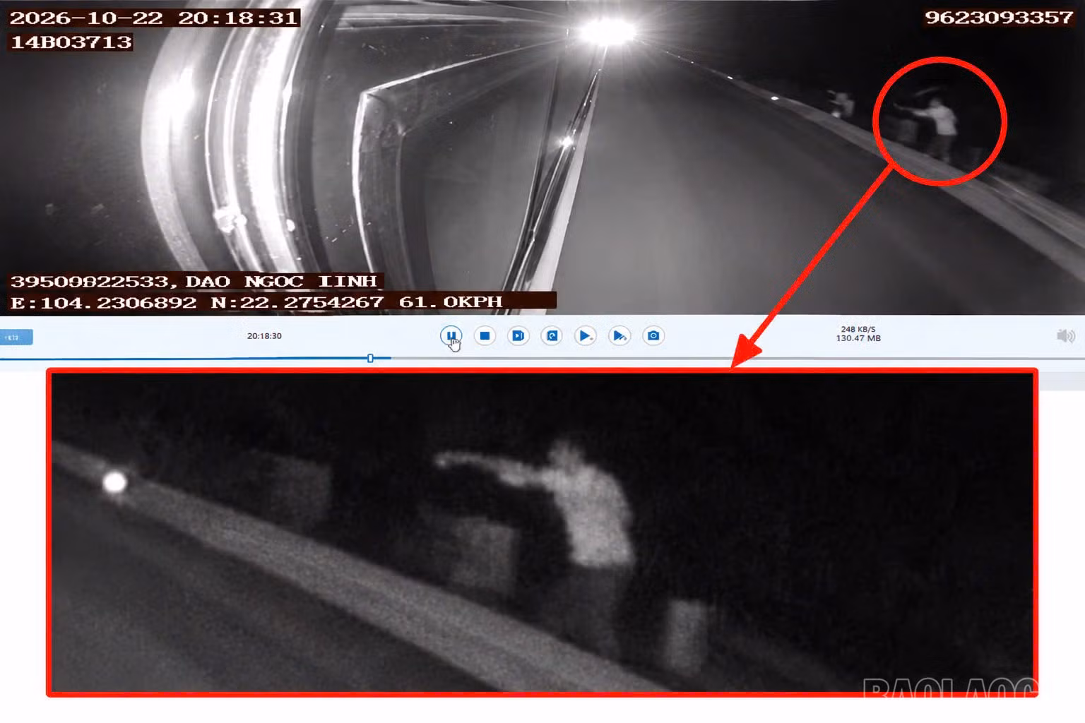 Hình ảnh trích xuất từ camera hành trình tối 22/10/2026, ghi nhận một người đứng ven đường cao tốc ném vật thể lạ về phía xe khách tại khu vực xảy ra vụ việc trên cao tốc Nội Bài - Lào Cai, phục vụ công tác xác minh của cơ quan chức năng.
