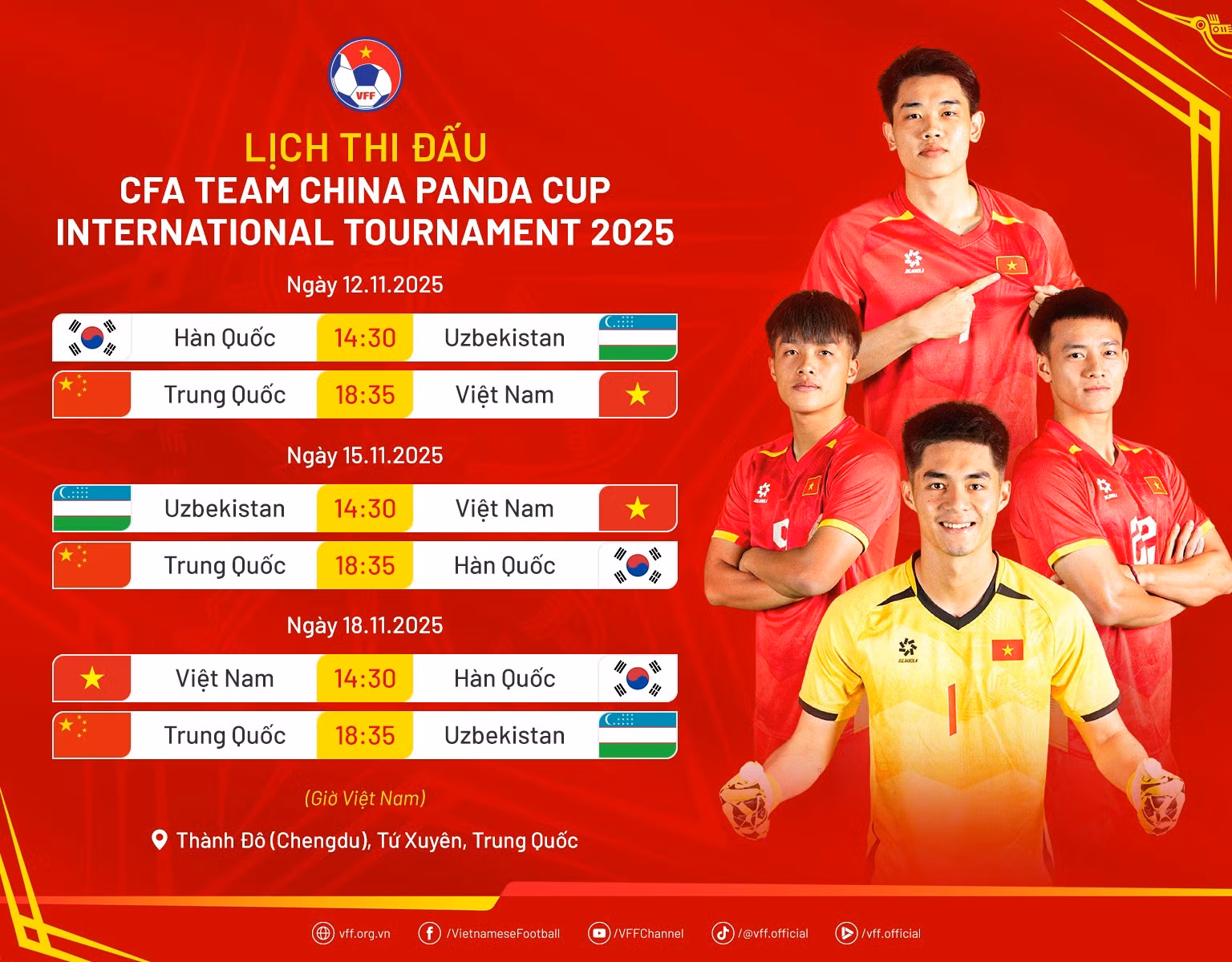 Lịch thi đấu của đội tuyển U22 Việt Nam tại giải giao hữu quốc tế Giải CFA Team China Panda Cup 2025.