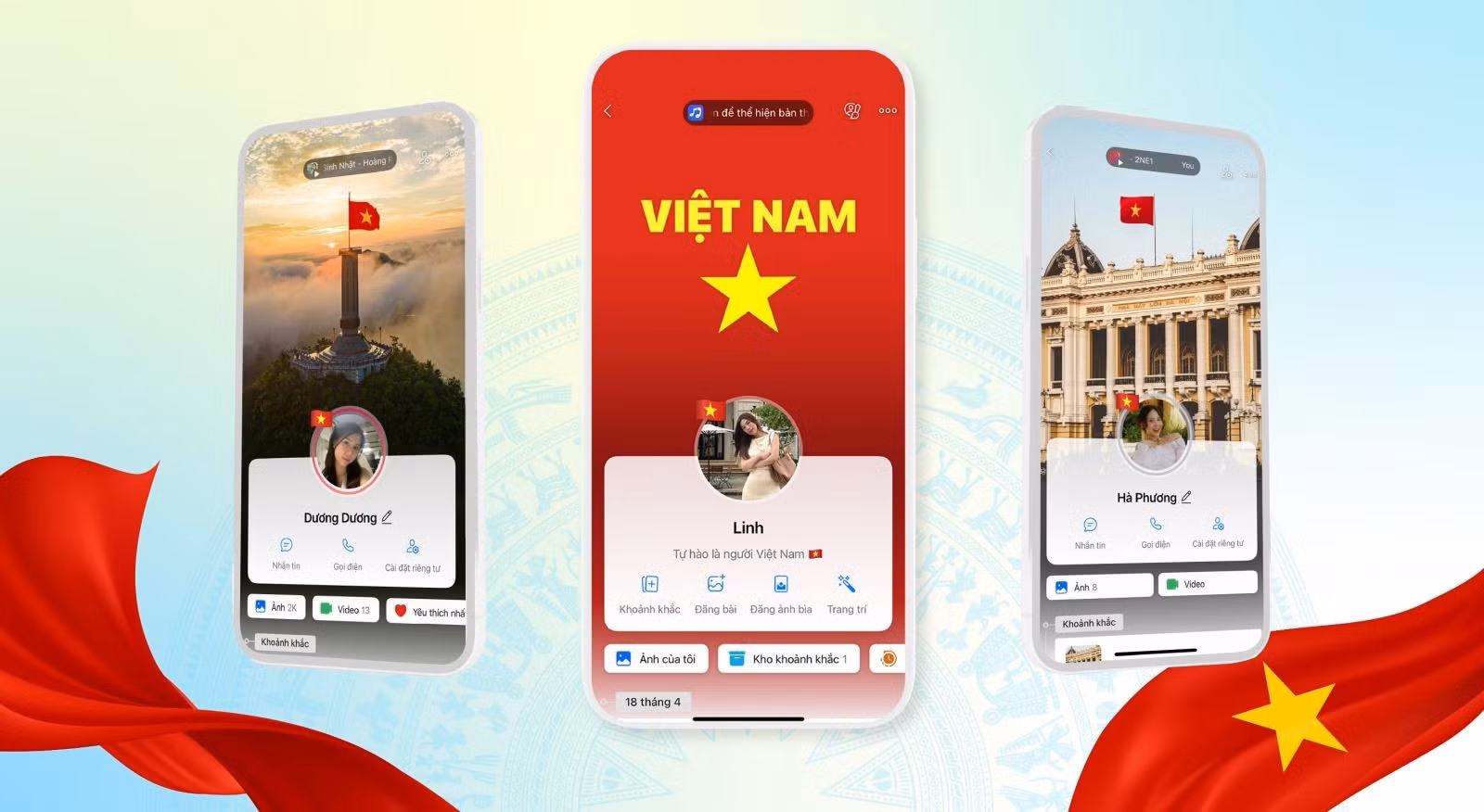 Zalo biến thành "quảng trường online" khi các cờ đỏ sao vàng tràn ngập trên trang cá nhân người dùng.