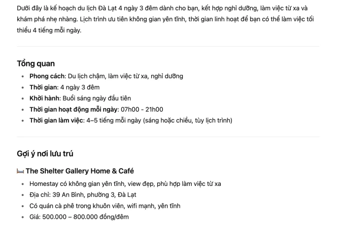 AI đưa gợi ý về lịch trình du lịch Đà Lạt.
