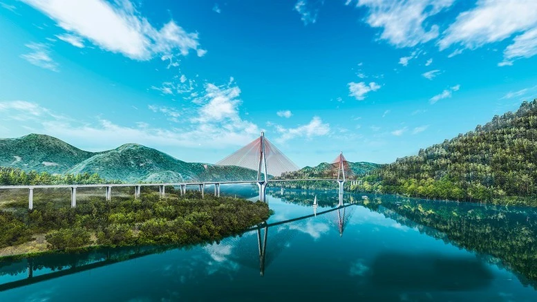 Phối cảnh cầu Hoà Sơn trên tuyến cao tốc Hòa Bình - Mộc Châu. Đây là cây cầu có nhịp dây văng dài nhất Việt Nam.