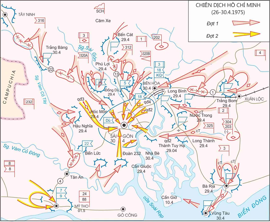 Sơ đồ các cánh quân tiến công giải phóng Sài Gòn trong Chiến dịch Hồ Chí Minh, tháng 4-1975. Nguồn: Bách khoa toàn thư quân sự Việt Nam