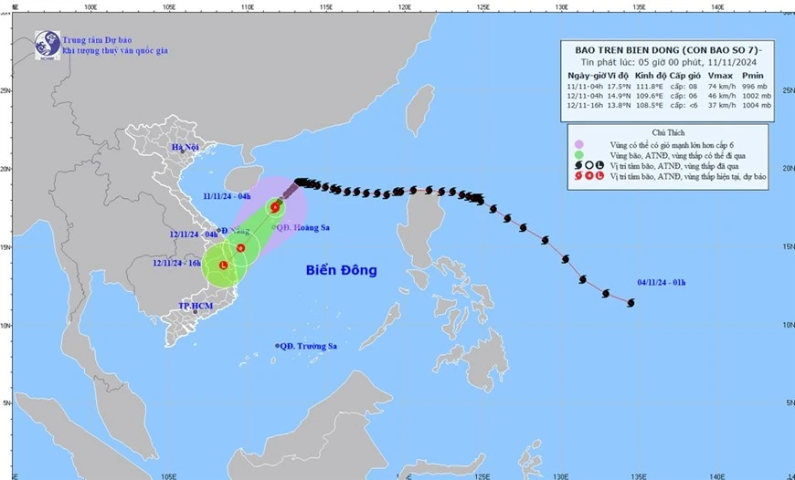Hướng di chuyển của bão số 7. Ảnh: TTDBKTTVQG
