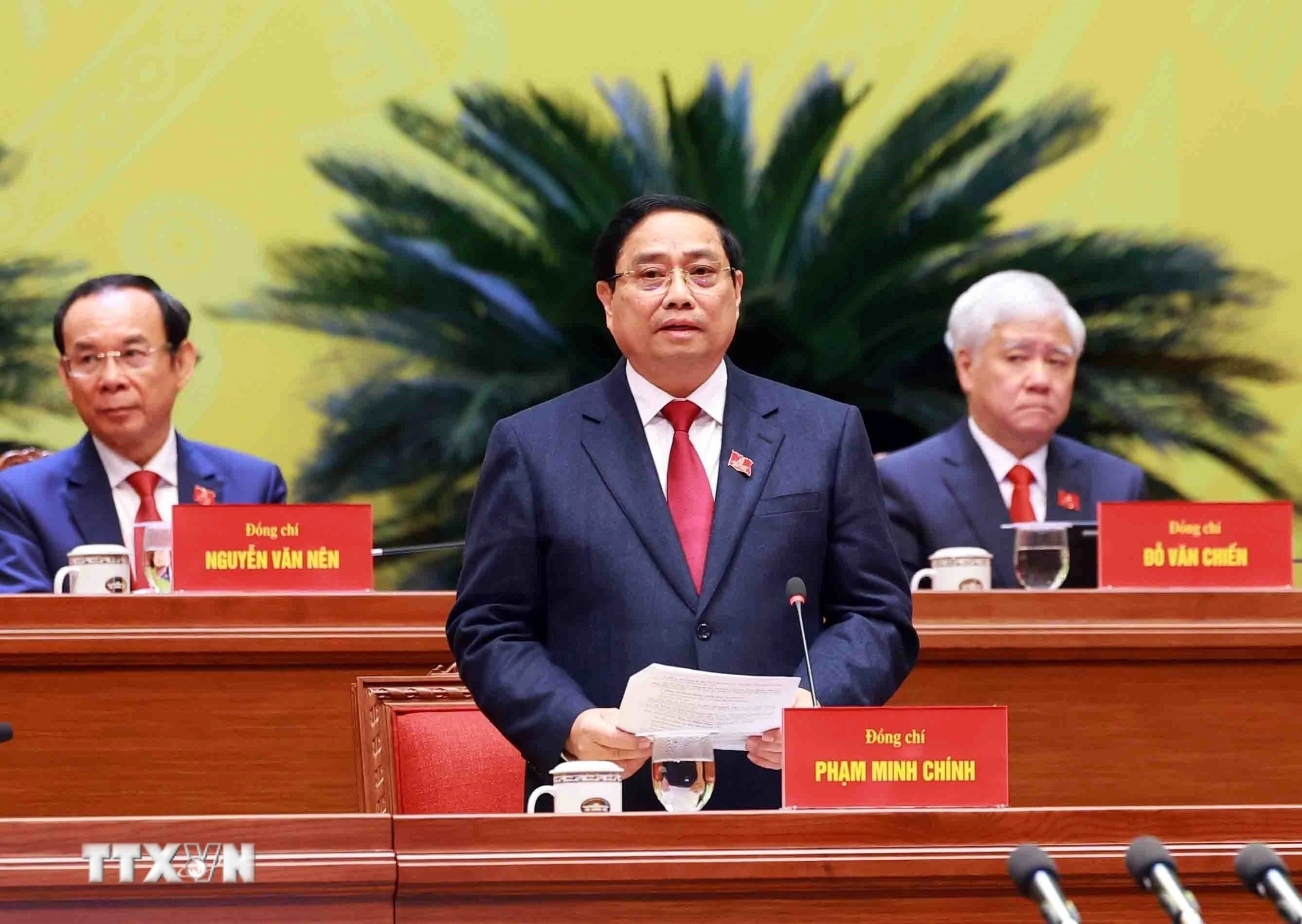Đồng chí Phạm Minh Chính, Ủy viên Bộ Chính trị, Thủ tướng Chính phủ thay mặt Đoàn Chủ tịch điều hành phiên khai mạc Đại hội. (Ảnh: TTXVN)
