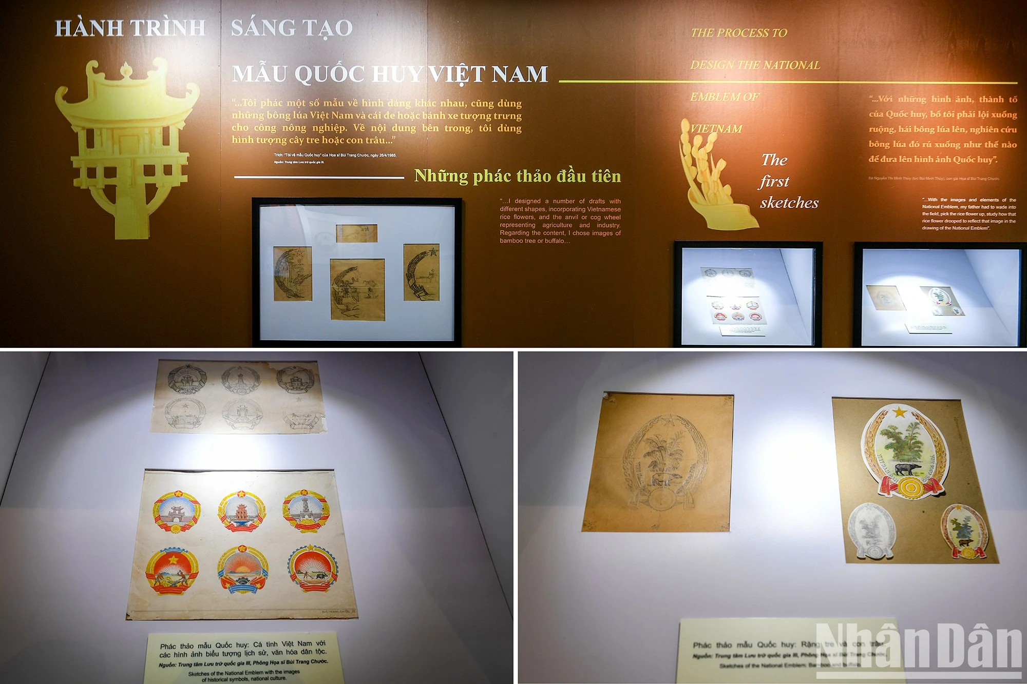 “Hành trình sáng tạo mẫu Quốc huy Việt Nam” là chủ đề phần 2 giới thiệu một số văn bản khởi nguồn cho việc sáng tác Quốc huy Việt Nam và hành trình sáng tạo mẫu Quốc huy của họa sĩ Bùi Trang Chước, từ những nét phác thảo đầu tiên với những cây tre, con trâu, bông lúa…hay hình dáng đa dạng, màu sắc phong phú, chủ đề thân thuộc cùng những lời tự sự về hành trình sáng tác mẫu Quốc huy của họa sĩ.