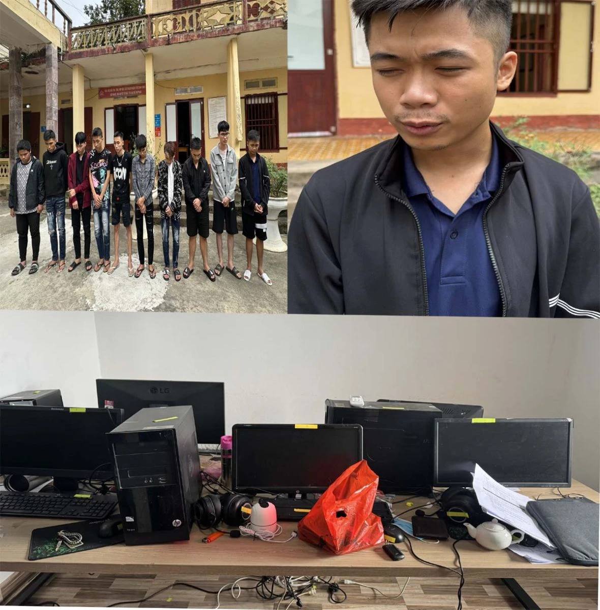 Lê Tất Đạt và các "cộng sự" cùng tang vật. Ảnh: CÔNG AN THANH HÓA
