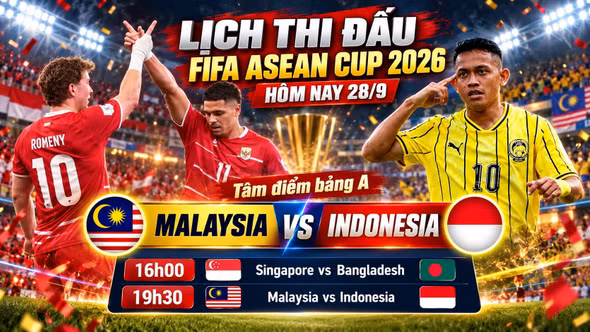 Lịch thi đấu FIFA ASEAN Cup 2026 hôm nay 28/9: Malaysia vs Indonesia