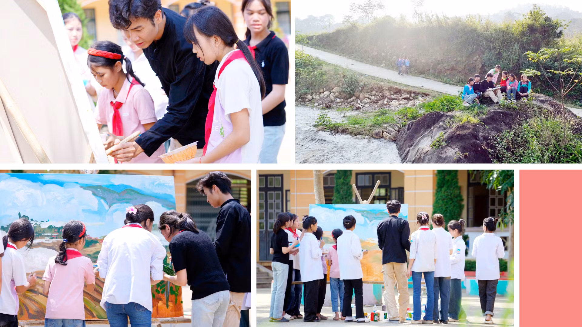 Họa sĩ Vàng Hải Hưng cùng các em học sinh Trường PTDTBT THCS và THPT Bát Xát vẽ bức tranh "Hồi sinh".