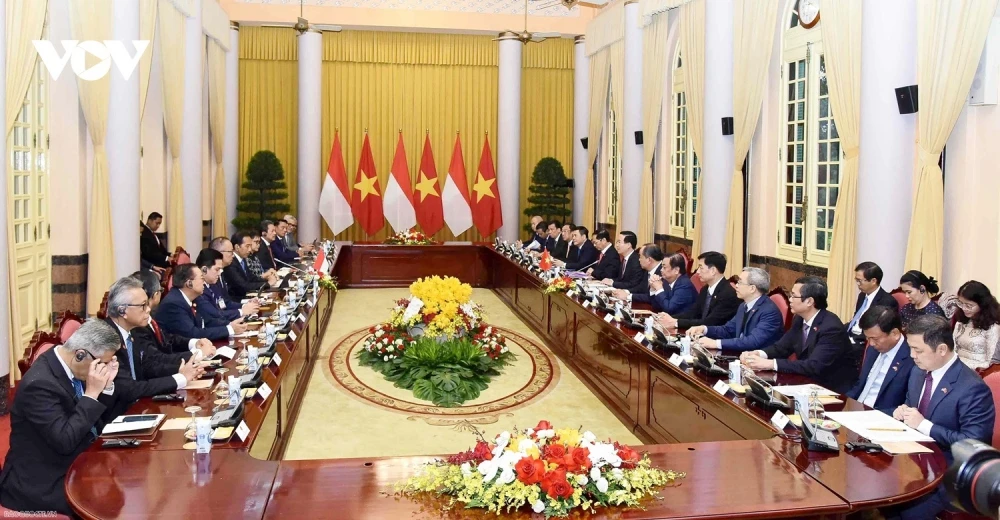 Hai nhà lãnh đạo dẫn đầu đoàn cấp cao hai nước tiến hành hội đàm.