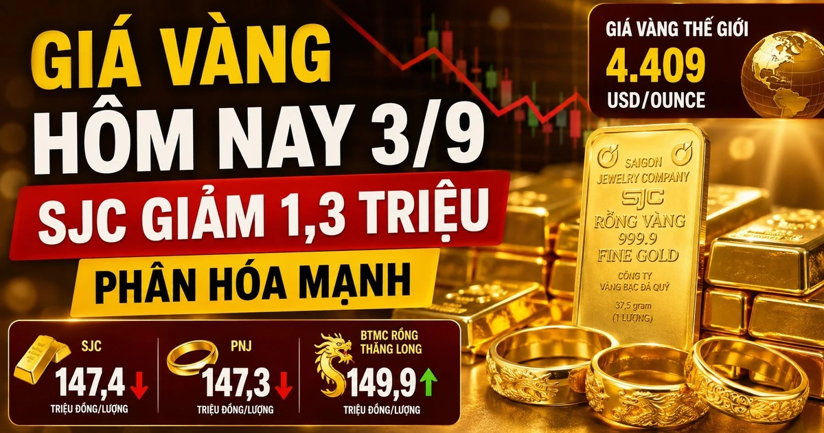 Giá vàng SJC giảm 1,3 triệu đồng/lượng vào sáng 3/9/2026