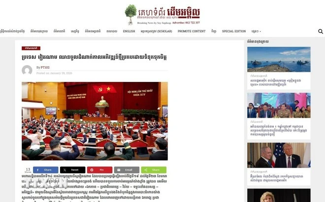 Trang tin “DAP News” của Campuchia ngày 28/01/2026 đăng tải bài viết với tiêu đề “Việt Nam tự tin bước vào giai đoạn phát triển mới” (ảnh chụp màn hình).