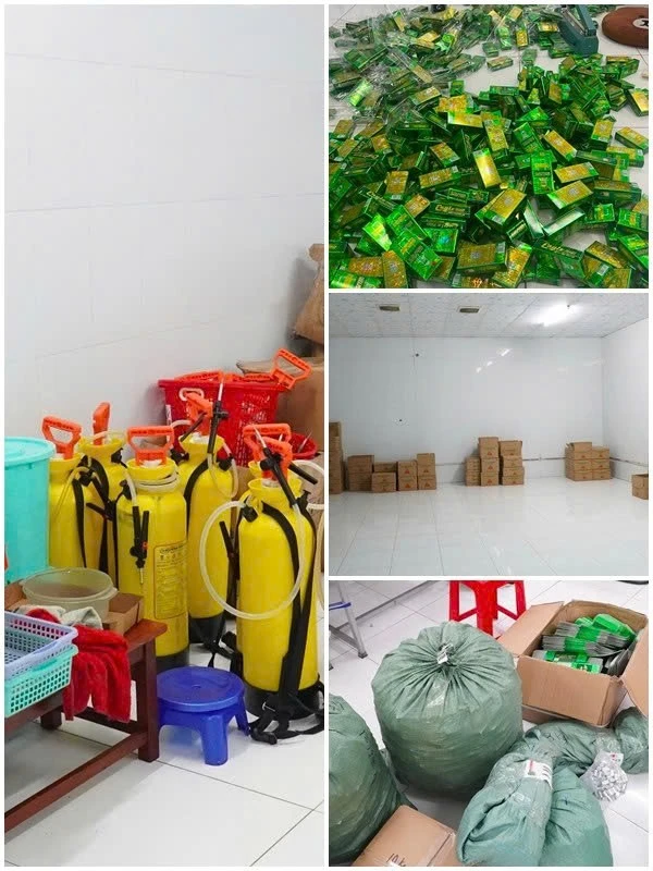 Hàng chục ngàn chai dầu gió giả bị phát hiện trong xưởng ở Tây Ninh. (Ảnh: Công an Tây Ninh)