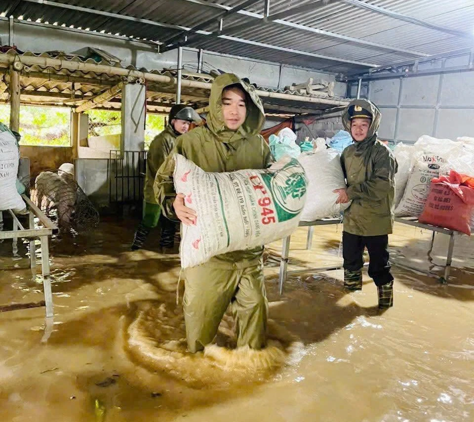 Lực lượng chức năng giúp người vận chuyển lương thực đến nơi an toàn.