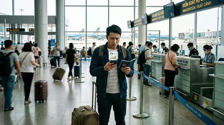 Công an cửa khẩu Cảng HKQT Nội Bài khuyến cáo người dân có kế hoạch xuất cảnh chủ động kiểm tra nghĩa vụ thuế, tránh phát sinh vướng mắc ảnh hưởng đến hành trình. (Ảnh minh họa bằng AI)