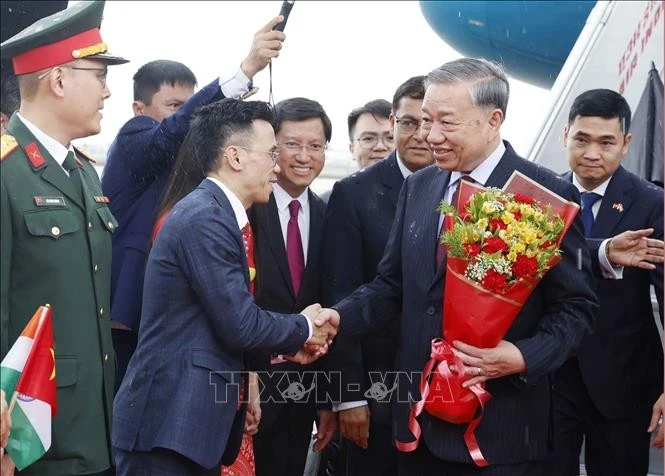 Lễ đón Tổng Bí thư, Chủ tịch nước Tô Lâm tại Sân bay quân sự Palam, Thủ đô New Delhi.
